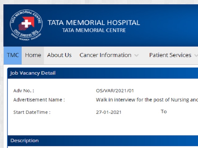 Tata Memorial Centre Recruitment Notification